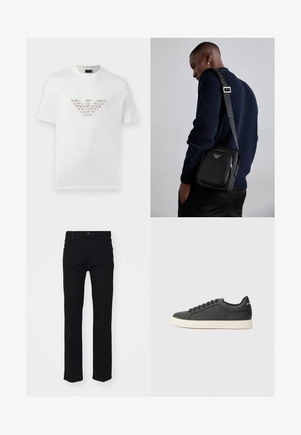 T-shirt alb din bumbac, cu mâneci scurte și decolteu rotund. Prezintă un design al logo-ului central în nuanțe de roz și maro.; Jeans din denim negru cu un design cu picioare drepte, cinci buzunare, închidere frontală cu nasture și detalii de cusătură subtile. Textură netedă.; Sneaker din piele neagră cu profil joasă, vârf rotunjit și închidere cu șireturi; caracteristici o talpă din cauciuc texturat și detaliu cu logo pe toc.; Geantă crossbody din piele neagră, cu un compartiment cu fermoar, detaliu cu logo și o curea ajustabilă cu marcă. Pură împotriva unui pulover texturat de culoare bleumarin.