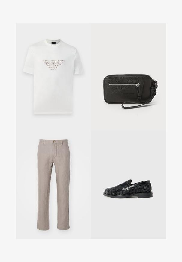 Weißes Baumwoll-T-Shirt mit kurzen Ärmeln und rundem Halsausschnitt. Verfügt über ein zentrales Logo-Design in Rosa- und Brauntönen.; NN.07 THEO - Stoffhose - camel; Schwarzer geflochtener Slipper mit einem glatten Lederakzent im Obermaterial, einem runden Zehendesign und einer flachen Gummisohle.; Schwarze Leder-Clutch mit strukturiertem Oberflächen, Vorderseite mit Reißverschlusstasche und abnehmbarem Handgelenkriemen. Fällt durch ein Logo-Patch auf der Vorderseite auf. Rechteckige Form.