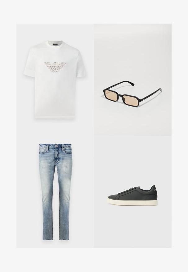 Bela bombažna majica s kratkimi rokavi in okroglo izrezom. Ima osrednji logotip v rožnati in rjavi barvi.; Svijetloplave traperice s izblijedjelim završetkom, uski kroj, pet džepova i kontrastno šivanje na šavovima.; Črne usnjene superge z nizkim profilom, okroglo špičko in vezalkami; vsebujejo teksturiran gumijast podplat in detajl z logotipom na peti.; Črna pravokotna sončna očala z svetlo rjavimi lečami, ki imajo debel okvir, angulirano obliko in subtilen zlat detajl na tempeljih.