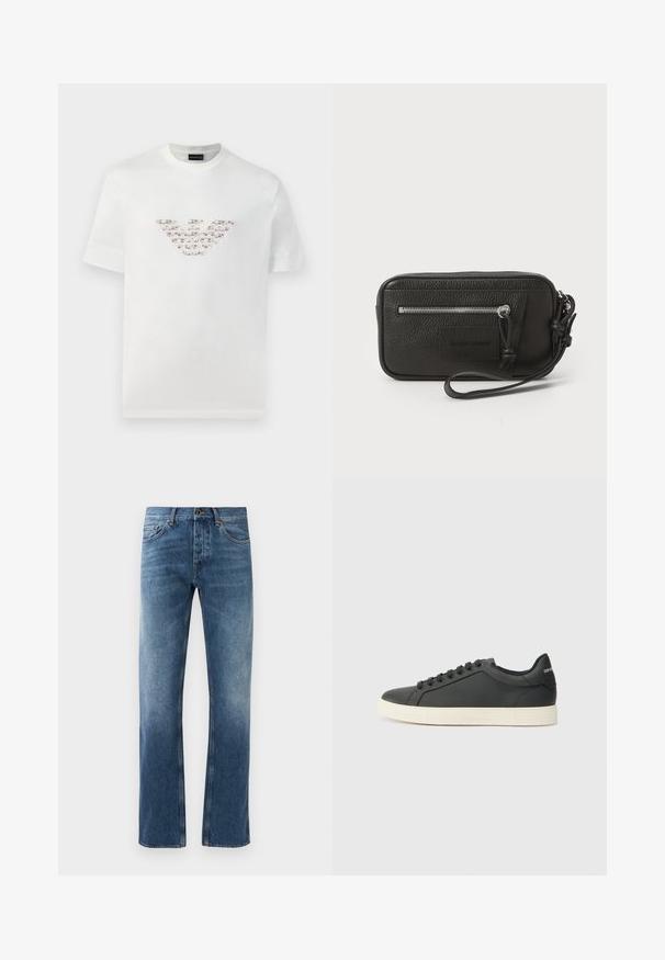 Hvit bomulls t-skjorte med korte ermer og rund hals. Har en sentral logo design i rosa og brune nyanser.; Blå denim jeans med rett ben design, bleket vask, fem lommer og kontraststing. Knappe- og glidelås lukking i midjen.; Svart skinnsneaker med lav profil, rund tå og snøring; har en teksturert gummisåle og logo-detalj på hælen.; Svart lær clutch med teksturert overflate, frontlomme med glidelås og avtakbar håndleddsreim. Har en logo-patch på fronten. rektangulær form.