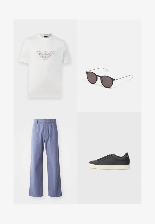 Baltas kokvilnas T-krekls ar īsām piedurknēm un apaļu kakla izgriezumu. Iekļaujas centrāls logo dizains rozā un brūnos toņos.; Gaiši zili plataji audumi, kas izgatavoti no kokvilnas maisījuma, ar priekšējo pogu aizdari un divām sānu kabatām. Gluda virsma.; Melna ādas kedas ar zemu profilu, noapaļotu purngalu un savelkamu aizdari; ar teksturētu gumijas zoli un logotipa detaļu uz papēža.; Melni apaļi saulesbrilles ar tumšiem lēca un plānām metāla stangām. Iekļautas caurspīdīgas tempļu galviņas un sudraba akcenti pie eņģes. Minimalistisks dizains.