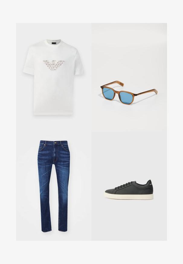 Balta medvilninė marškinė su trumpomis rankovėmis ir apvaliu iškirpimu. Savybėje yra centrinis logotipo dizainas rožių ir rudos spalvos atspalviuose.; Tamsiai mėlynos džinsinės kelnės su tiesia kojų forma, turinčios penkias kišenes, kontrastinį oranžinį siuvinėjimą ir klasikinį metalinį mygtuko užsegimą.; Juodos odinės sportinės bateliai su žemu profiliu, apvaliu pirštu ir raištelių uždarymu; turi tekstūruotą guminį padą ir logotipo detalę ant kulno.; Rudos plastikiniai akinių rėmeliai su mėlynomis lęšiais, kvadratinės formos, ploni nagučiai, tekstūruoti akcentai ant šventyklų ir blizgus paviršius.