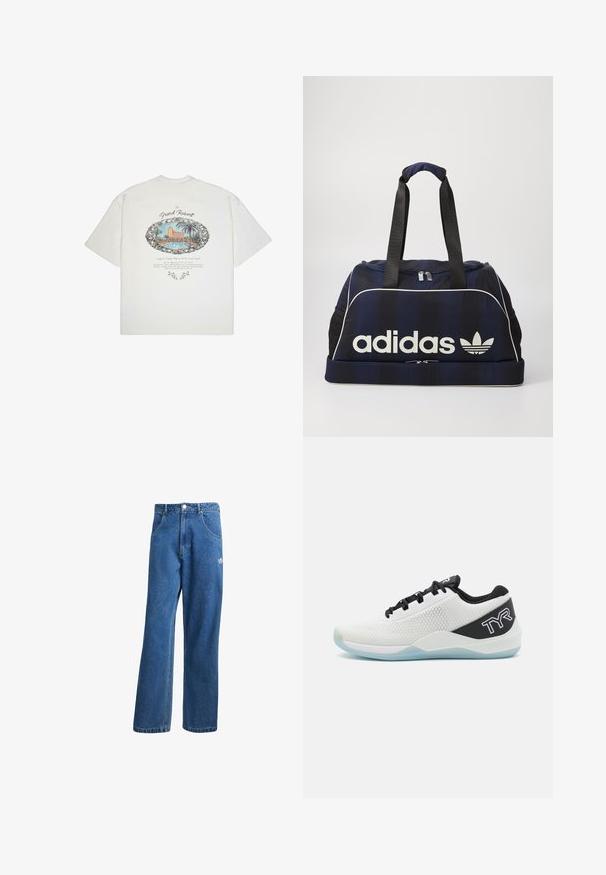 Bijela majica s kratkim rukavima koja sadrži šareni grafički prikaz prizora odmarališta s palmama, obrubljenim crnom bojom, s dekorativnim tekstom ispod.; Plave farmerke visokog struka sa širokim nogavicama, prednjim džepovima, petljama za remen, zatvaranjem na dugme i malim Adidas logotipom na desnom bedrima.; TYR CXT2 - Tenisice za trening - black/white/blue; Mornarska torba s bijelim Adidas logotipom, sa zatvaračem na vrhu, dva čvrsta crna ručka i bočnim mrežastim džepovima. Glatka tekstura tkanine.