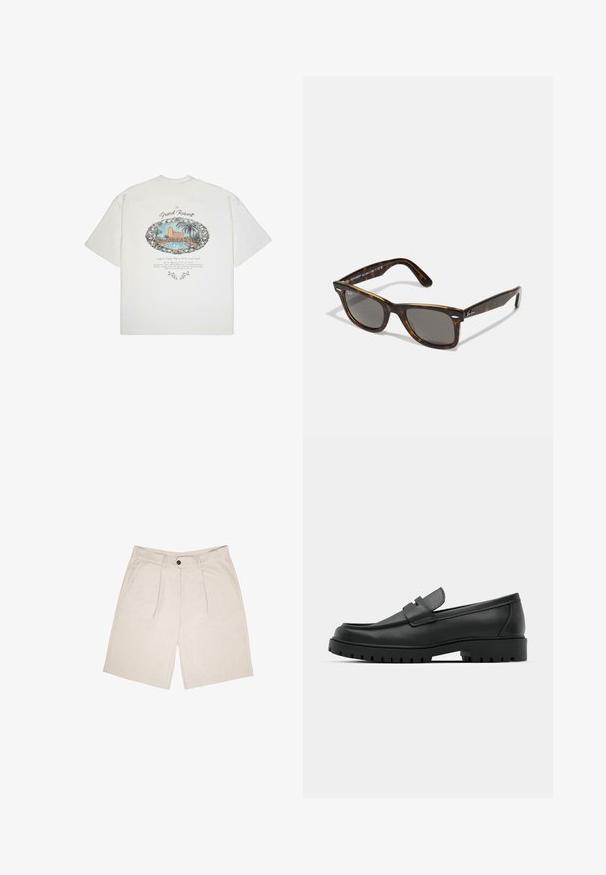 Witte t-shirt met korte mouwen met een kleurrafiek van een resortscene met palmbomen, omrand in zwart, met decoratieve tekst eronder.; Beige shorts gemaakt van zachte stof, met een vlakke voorkant met twee plooien, riemlussen en zijzakken. Enkele knoopsluiting bij de taille.; Zwarte leren instappers met een ronde neus, voorzien van een gestikt ontwerp, een lage platformzool en een gestructureerde, grof rubberen buitenzool.; schildpad zonnebril met grijze glazen en een vierkant montuur, met metalen accenten op de tempels en het logo in het ontwerp.