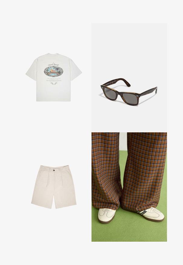 T-shirt bianco a maniche corte con una grafica colorata che rappresenta una scena di un resort con palme, contornata in nero, accompagnata da testo decorativo sotto.; Pantaloni corti beige realizzati in tessuto morbido, con una parte anteriore piatta e due pieghe, passanti per cintura e tasche laterali. Chiusura con un solo bottone in vita.; Pantaloni a pieghe larghi a quadri marroni e blu abbinati a scarpe bianche con dettagli neri e suole testurizzate, posizionati su uno sfondo verde.; Occhiali da sole tartarugati con lenti grigie e una montatura quadrata, caratterizzati da dettagli metallici sulle aste e il logo all'interno del design.