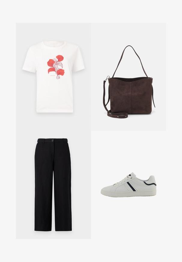 White cotton t-shirt featuring a printed design of red leaves with fine lines. Includes text "TOM TAILOR" below the graphic.; Black wide-leg pants made of a lightweight fabric, featuring a front button closure and belt loops. Smooth texture with no visible patterns.; White synthetic sneaker with a low profile, featuring navy diagonal stripes, perforations on the side, and a textured rubber sole.; Brown suede tote bag with a soft texture, featuring a single shoulder strap and a subtle curved top opening. No visible hardware details.
