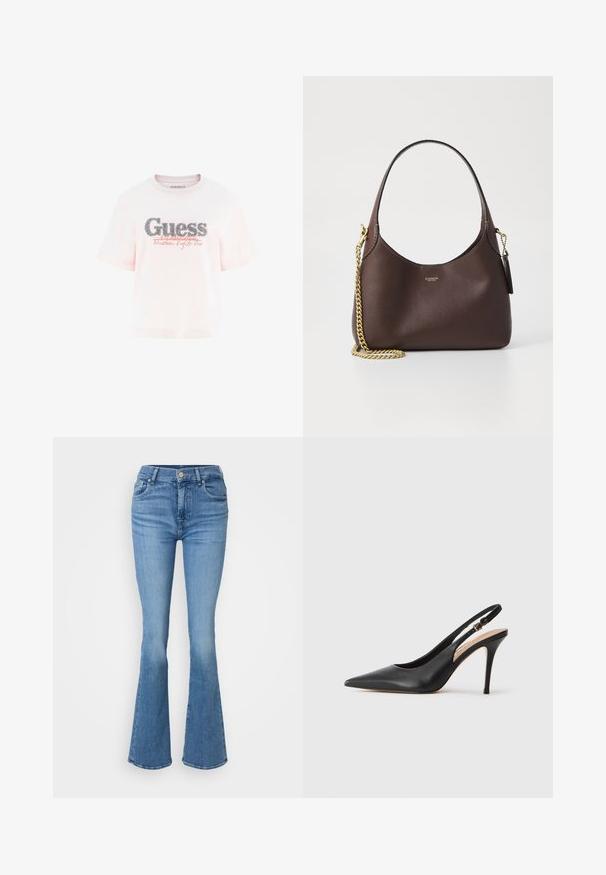 Camiseta de algodón rosa con un logo brillante de "Guess", con "Establecido mil novecientos ochenta y uno" en rojo, de mangas cortas y un ajuste relajado.; Jeans acampanados de color azul claro, fabricados en denim. Incluyen un corte de alta cintura, diseño de cinco bolsillos y un cierre frontal con un solo botón.; Zapato de tacón alto de piel negra con tirante trasero, punta afilada, textura suave y una delicada correa con una hebilla metálica.; COACH BROOKLYN SHOULDER BAG 23 - Bolso de mano - maple