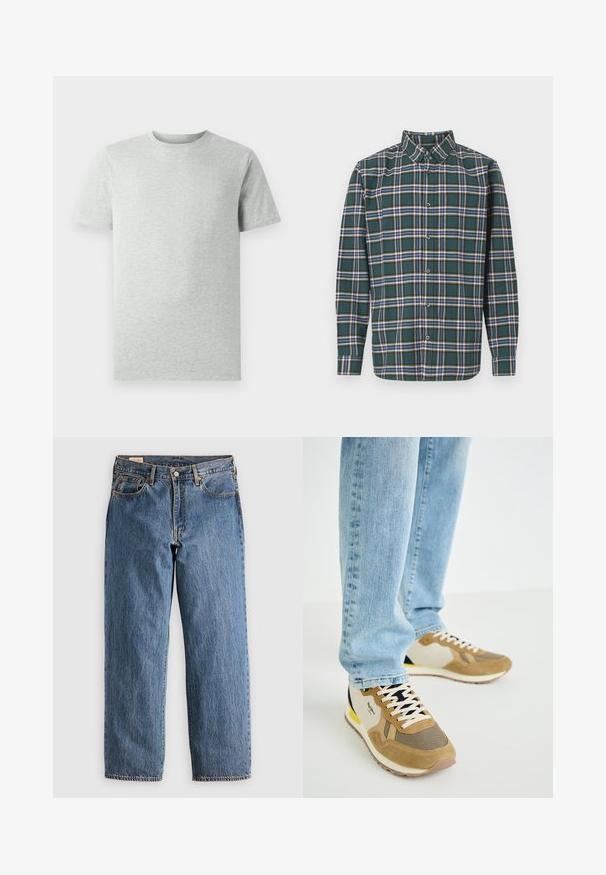 Egyszerű világosszürke, rövidujjú, kerek nyakú póló, fehér háttéren, elölnézetből, látható logók vagy minták nélkül.; Zöld flanel ing, kockás mintázattal, amely kék, fehér és mustár sárga vonalakból áll. Gombos elülső rész és hegyes gallér. Hosszú ujjak.; Kék farmernadrág egyenes szabással, magas derekkal, réz szegecsekkel és narancssárga varrással. Elülső és hátsó zsebekkel rendelkezik.; Barna és krém sportcipők hálós és velúrból készült anyagokkal, mintás orral, kontrasztos tengerészkék díszítéssel és textúrázott talppal.