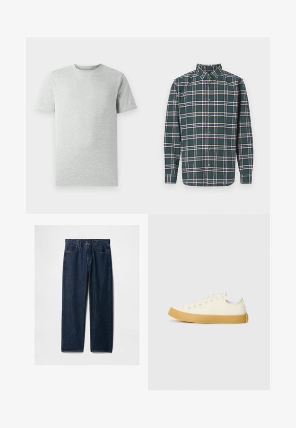 Plain light gray short-sleeve crew neck T-shirt displayed on a white background, front view with no visible logos or designs.; Green flannel shirt with a plaid pattern featuring blue, white, and mustard yellow lines. Buttoned front and pointed collar. Long sleeves.; Dark blue straight-leg denim jeans with five pockets, a zip fly, and a classic stitching pattern. No visible distressing or embellishments.; Canvas sneakers in off-white with a round toe, featuring beige rubber soles and five eyelets for laces, textured finish on the upper.