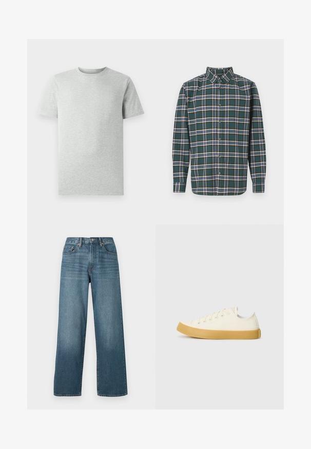 Enostavna svetlosiva kratka majica s kratkimi rokavi in krožnim ovratnikom, prikazana na belem ozadju, sprednji pogled brez vidnih logotipov ali vzorcev.; Zeleni flanelast srajc s karirastim vzorcem, ki vsebuje modre, bele in gorčične rumene črte. Z gumbi zapnjen sprednji del in usmerjen ovratnik. Dolgi rokavi.; Široke temno modre jeans hlače iz denima z gumbom za zapiranje, pasom in bledečo teksturo. Imajo pet žepov ter kontrastno šivanje.; Platnene superge v off-white barvi z okroglim nosom, z bež gumijastimi podplati in petimi odprtinami za vezalke, z zrnato površino na zgornjem delu.