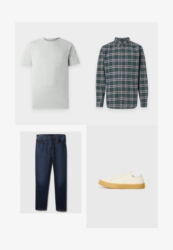 Ühtlane heledahall lühikeste varrukatega ümmarguse kaelusega T-särk, esiplaanil, valge tausta ees, ilma nähtavate logode või kujunditeta.; Roheline flanellsärk, millel on ruuduline muster, sisaldades siniseid, valgeid ja sinepikollaseid jooni. Nööbitav esiosa ja terav krae. Pikad varrukad.; Tumedad sinise kitsasteksitud teksad, millel on veidi kulumist reie esiosas, vasknupud ja klassikaline viie-tasku stiil, laotatud valgele taustale.; Kangasneakerid kreemjas valges, ümmarguse varbaga, beeži kummitaldaga ja viie silmaga paelte jaoks, tekstuurse viimistlusega ülaserv.