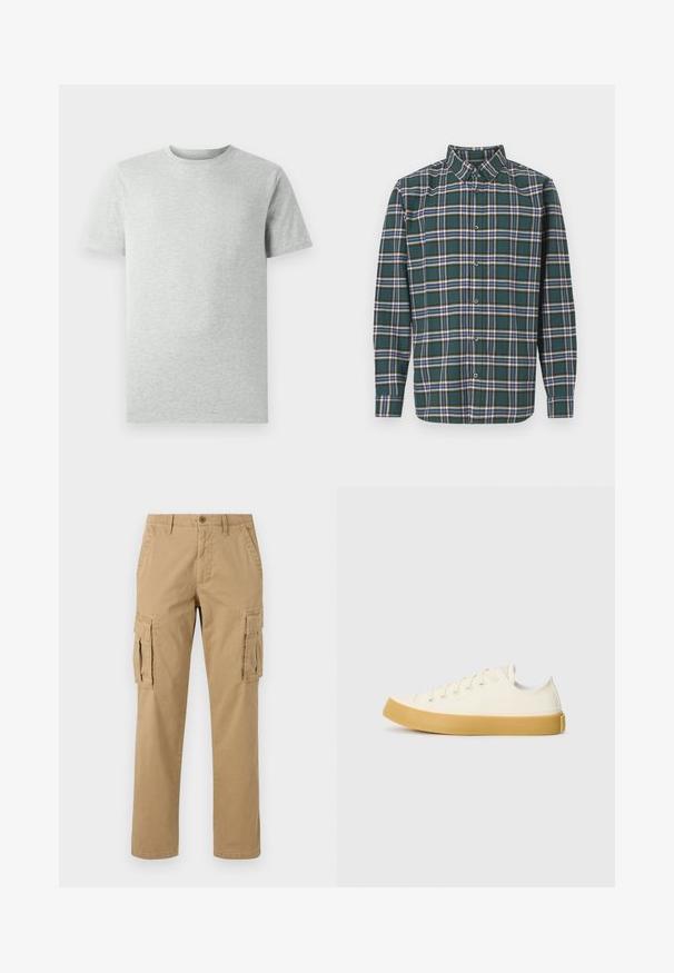 Effen lichtgrijze T-shirt met korte mouwen en ronde hals, weergegeven op een witte achtergrond, frontaanzicht zonder zichtbare logo's of ontwerpen.; Groene flanellen shirt met een ruitpatroon met blauwe, witte en mosterdgele lijnen. Met knopen aan de voorkant en een puntige kraag. Lange mouwen.; Beige cargobroeken met twee zijzakken, een knoopsluiting, rechte pijpen en een zachte, getextureerde stof.; Canvas sneakers in off-white met een ronde neus, voorzien van beige rubberen zolen en vijf oogjes voor veters, met een gestructureerde afwerking op de bovenkant.