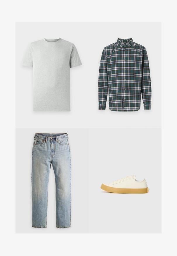 Effen lichtgrijze T-shirt met korte mouwen en ronde hals, weergegeven op een witte achtergrond, frontaanzicht zonder zichtbare logo's of ontwerpen.; Groene flanellen shirt met een ruitpatroon met blauwe, witte en mosterdgele lijnen. Met knopen aan de voorkant en een puntige kraag. Lange mouwen.; Lichtblauwe denim jeans met hoge taille, frontknop, rits en vijfzakkenontwerp, plat gelegd op een neutrale achtergrond.; Canvas sneakers in off-white met een ronde neus, voorzien van beige rubberen zolen en vijf oogjes voor veters, met een gestructureerde afwerking op de bovenkant.