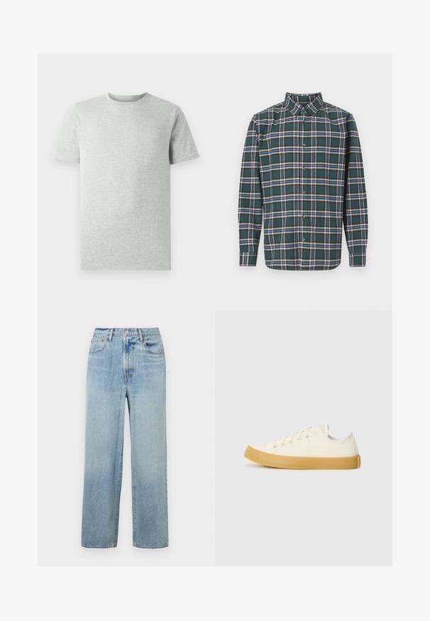 T-shirt de manga curta de cor cinza claro, com decote redondo, exibido sobre um fundo branco, vista frontal, sem logótipos ou designs visíveis.; Camisa de flanela verde com um padrão de xadrez apresentando linhas azuis, brancas e mostarda. Frente com botões e colarinho pontudo. Mangas compridas.; Jeans de ganga de lavagem azul clara, de perna reta e cintura alta, com cinco bolsos e desbotamento subtil. Barra crua e detalhes de costura contrastantes.; Sapatilhas de tela em off-white com biqueira redonda, apresentando solas de borracha bege e cinco ilhós para atacadores, acabamento texturizado na parte superior.