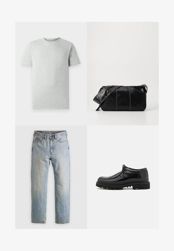 Ühtlane heledahall lühikeste varrukatega ümmarguse kaelusega T-särk, esiplaanil, valge tausta ees, ilma nähtavate logode või kujunditeta.; Heledad hele sinine teksapükste kõrge vöökoht, ees nupuga, lukuga ja viie taskuga disain, asetatud tasasele neutraalsele taustale.; Mustad musta nahast derby kingad, millel on sujuv disain, ümar varvas ja tekstureeritud kummitald, millel on sügavad sooned haakumise tagamiseks.; Must mustra nahkainine õlakott, millel on tõmblukk, tekstureeritud pind, valged õmblused ja rihm hõbedaste rõngastega.