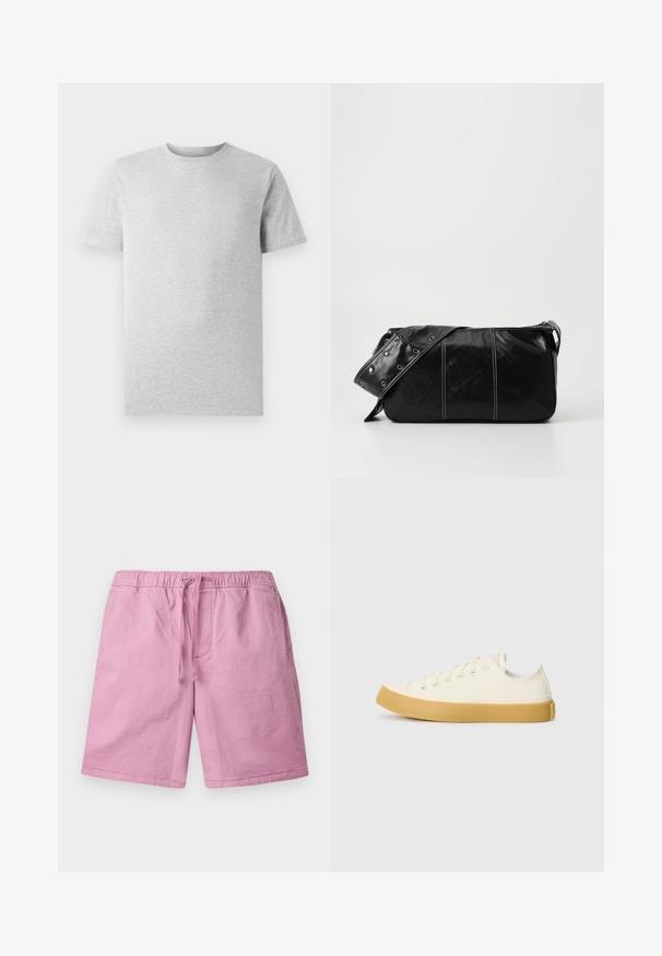 Plain light gray short-sleeve crew neck T-shirt displayed on a white background, front view with no visible logos or designs.; Light pink shorts made of a soft material, featuring an elastic waistband with a drawstring, and side pockets. Straight-cut legs, no patterns.; Canvas sneakers in off-white with a round toe, featuring beige rubber soles and five eyelets for laces, textured finish on the upper.; Black leather shoulder bag with a zip closure, featuring a textured body, white stitching, and a strap with silver grommets.