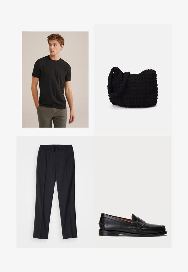 Jaunas vyras su šviesiai ruda garbanota šukuosena, vilkintis juodą marškinėlį trumpomis rankovėmis ir pilkas kelnes, žiūri į kairę, laikydamas rankas kišenėse.; sandro ALPHA - Chino stiliaus kelnės - noir; Juodos odinės loafers tipo batai su apvaliu pirštu, siuvinėta detalė ir dekoratyvine juostele per priekį. Plokščias padas su minimalia profiliu.; Juodas audinio maišelis su tekstūruota, siuvinėta raštu. Apvalios formos, trumpi, stori rankenėlės ir minkšta, lanksti struktūra.