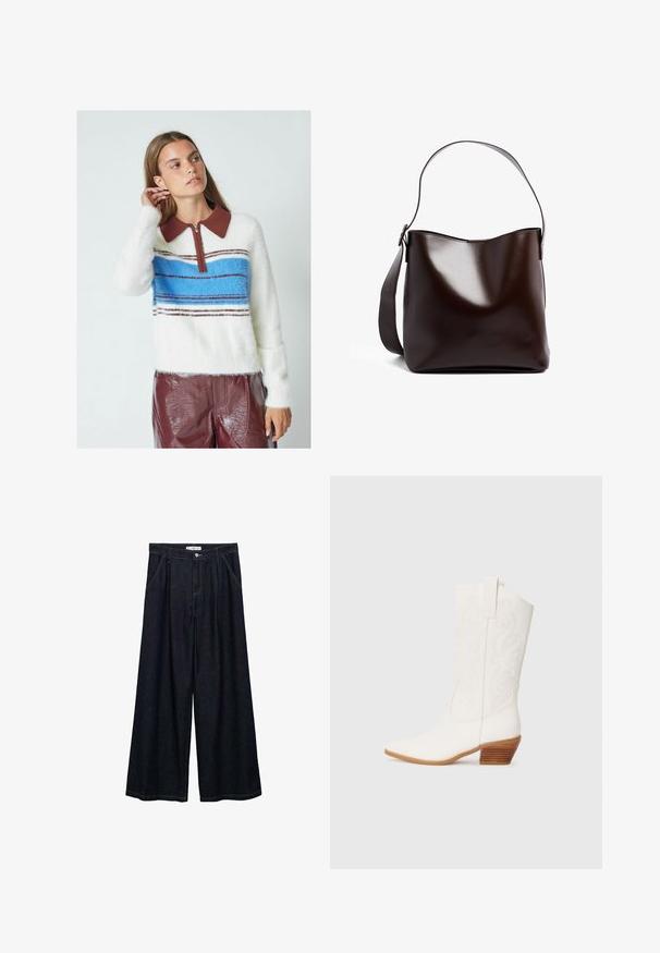 Puhast bel beli pulover z rjavim ovratnikom, z zadrgo in modrimi vodoravnimi črtami, v kombinaciji z sijočimi burdundskimi hlačami.; Temno jeans hlače širšega kroja z visokim pasom, ki imajo sprednje zapiranje na gumb, dve stranski žepu in detajle v šivanju.; Bele črne gležnjarje v zahodnjaškem slogu s koničastim nosom, teksturiranim materialom, vezenim vzorcem in zloženim lesom.; Brahkna kožna torba za rame z gladko, sijočo teksturo. Ima ukrivljen vrh in širok trak. Preprost dizajn brez okrasnih elementov.