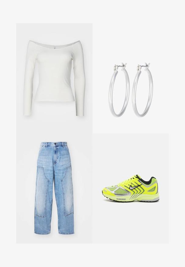 Haut blanc à épaules dénudées, à manches longues, fabriqué en matériau côtelé. Design ajusté avec une texture lisse et un ourlet droit.; Pantalon en denim bleu clair à jambe large avec deux grandes poches avant, une fermeture à bouton et une décoloration subtile. Détails de coutures sur les poches.; Baskets de course jaune fluo avec des panneaux en maille, des accents argentés, des détails noirs et une semelle texturée. Les caractéristiques incluent des lacets et un col rembourré.; Boucles d'oreilles en argent avec une finition lisse et polie. Forme ronde et fermeture à clip sécurisée. Design léger adapté pour un port quotidien.