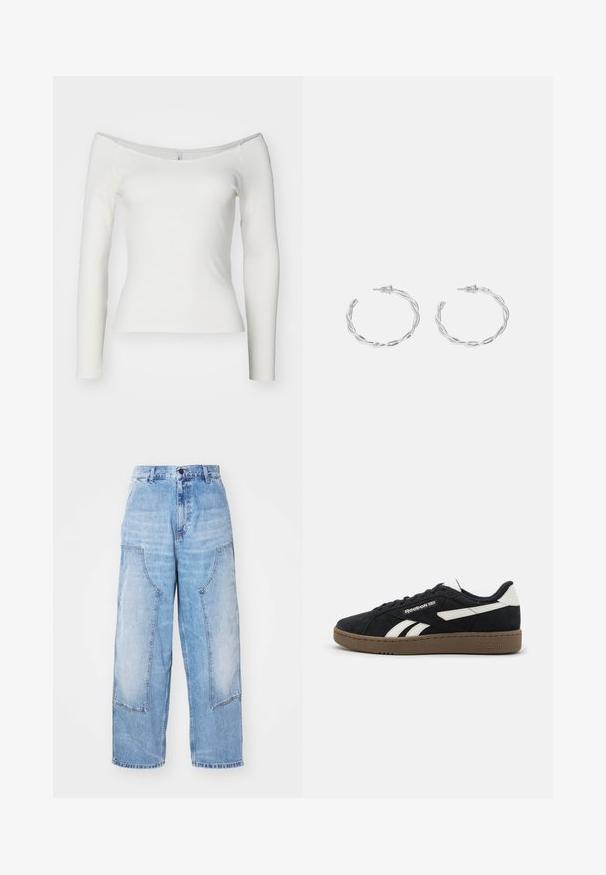 Valge avatud õlgadega pika varrukaga top, mis on valmistatud soonikmaterjalist. Liibuv disain, millel on sile tekstuur ja sirge äär.; Heledsinine teksapüksid avara luksusega, millel on kaks suurt esipoolset taskut, nupuga sulgur ja kergelt pleekinud välimus. Taskutel on õmmeldud detailid.; Must mustnahk kingad valgete aktsentidega, lamedate nööridega ja pruuni kummitald. Küljel on logo ja tekstuuriga ülemine osa, mis tagab haarde.; Hõbedased rõngaskõrvarõngad keerutatud disainiga, millel on poleeritud viimistlus ja posti-tagune sulgemine. Diameeter umbes 3 cm.