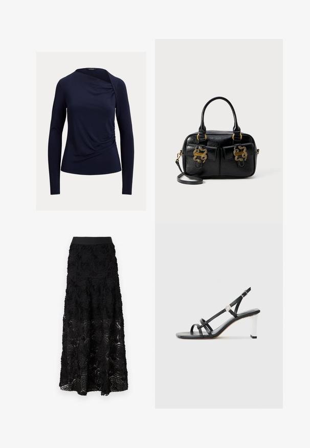 Top a maniche lunghe blu navy con scollo drappeggiato, caratterizzato da arricciature laterali e un tessuto liscio e morbido. Un sottile effetto lucido valorizza il design.; Maje JOSINO - Gonna lunga - noir; Sandali neri con tacco alto caratterizzati da molteplici cinghie sottili, design slingback e un accento in argento sul tacco. Materiale superiore liscio e tacco quadrato.; Borsa a tracolla in pelle nera con texture, dotata di doppi manici superiori, due tasche frontali e dettagli in metallo dorato. Include una tracolla removibile.