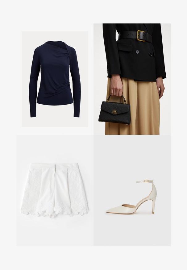 Navy long-sleeve top with a draped neckline, featuring side ruching and a smooth, stretchy fabric. Subtle sheen enhances its design.; White shorts featuring a textured embroidered design along the sides and scalloped hem. Smooth fabric with decorative bead accents.; White leather high-heeled shoe with a pointed toe, ankle strap, and a slim stiletto heel. Smooth texture with subtle glossy finish.; Black structured handbag with a textured finish, gold hardware, and a top handle. Worn with a black blazer and beige skirt.