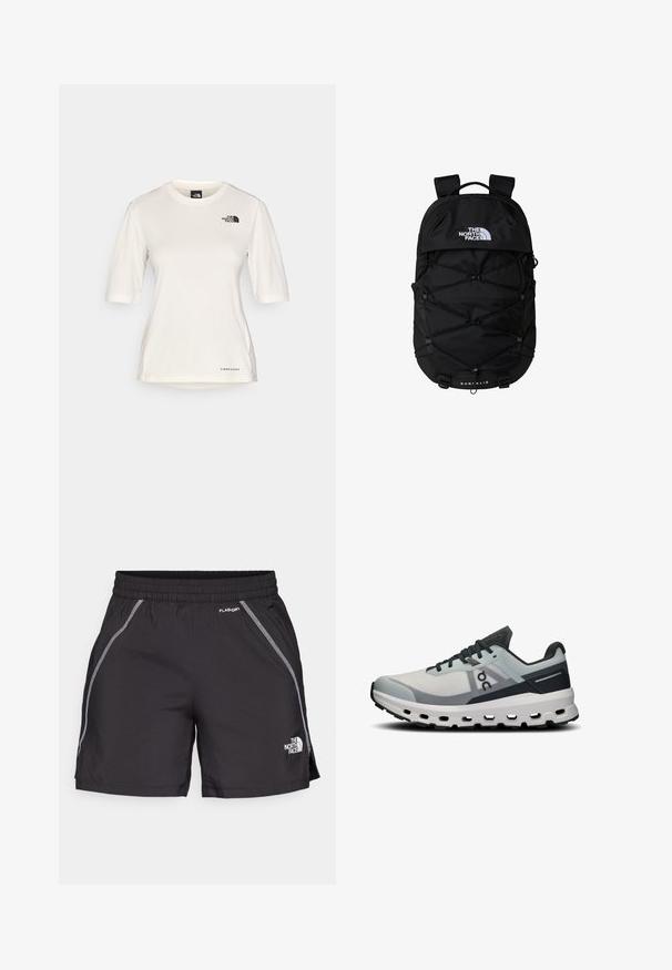 The North Face SHADOW SHORT SLEEVE - Sport T-shirt - white dune; Zwarte sportshorts van lichtgewicht materiaal, voorzien van een elastische tailleband, reflecterende details en het logo "The North Face" aan de linkerkant.; Hardloopschoen met een lichtgrijze mesh bovenkant, donkerblauwe accenten en een dikke witte middenzool met uitsparingen. Veters zijn donkergrijs.; Zwarte rugzak met een met rits afsluitbaar hoofdvak, een ontwerp met elastische bungee koord, gewatteerde schouderbanden en een logo aan de voorkant; gemaakt van duurzame stof.