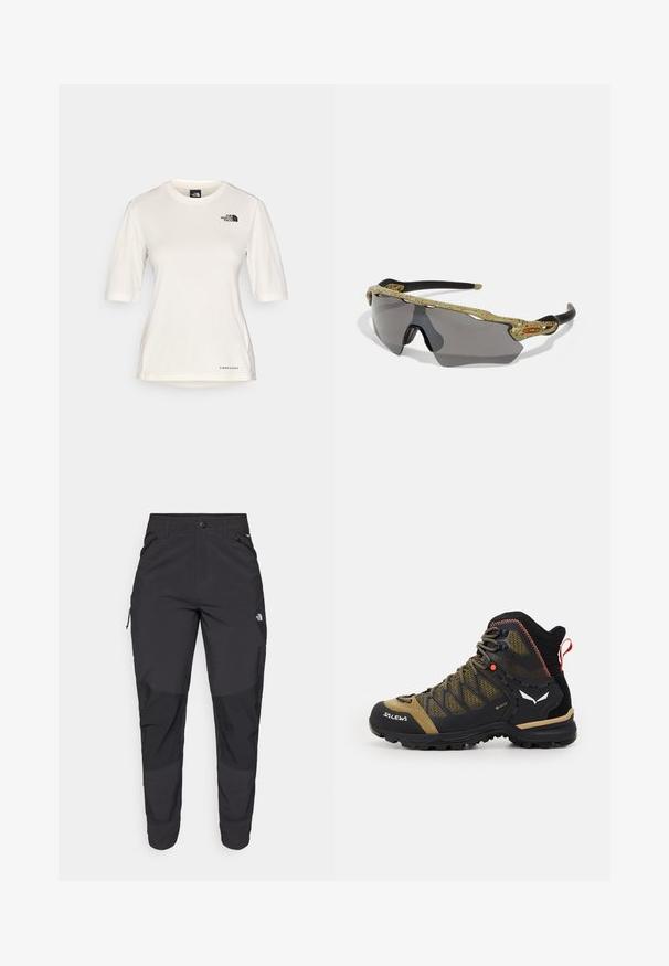 The North Face SHADOW SHORT SLEEVE - Αθλητικό μπλουζάκι - white dune; Μαύρο παντελόνι εξωτερικού χώρου από ανθεκτικό ύφασμα. Διαθέτει τσέπες με φερμουάρ, ενισχυμένα πάνελ γόνατος και ευθεία κοπή για ελευθερία κινήσεων.; Μέσου ύψους μποτάκι πεζοπορίας σε μαύρο και ελιά, με δικτυωτό επάνω μέρος, καουτσούκ σόλα και υφές με πίσω χερούλι.; Αθλητικά γυαλιά ηλίου με πράσινο κα patterned, μαύρους βραχίονες και γκρι φακούς. Ο σχεδιασμός διαθέτει περιτυλιγμένο στυλ με τολμηρή, αθλητική μορφή.