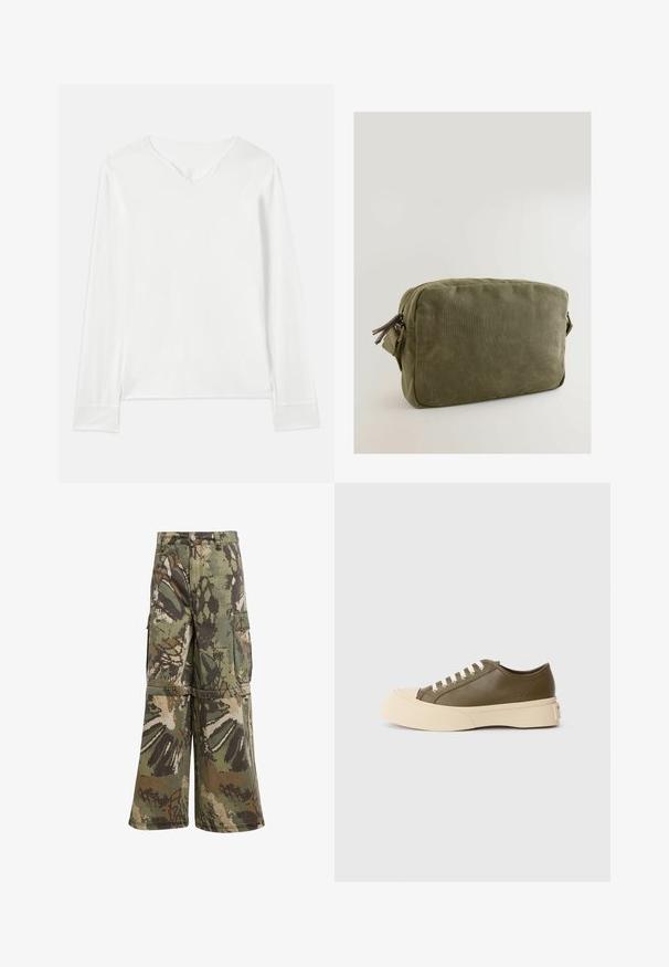 Maglietta bianca a maniche lunghe con scollatura a V, texture morbida e fessure laterali. Presenta un design semplice senza decorazioni o motivi.; Pantaloni cargo camouflage con una vestibilità ampia, realizzati in tessuto resistente in tonalità verde, marrone e beige, dotati di tasche cargo e chiusura a bottone.; Sneaker low-top verde oliva con una spessa suola color crema e lacci bianchi, mostrato su uno sfondo bianco semplice.; Borsa in tela verde oliva di forma rettangolare, con chiusura con cerniera e dettagli in pelle sul tirante della cerniera.
