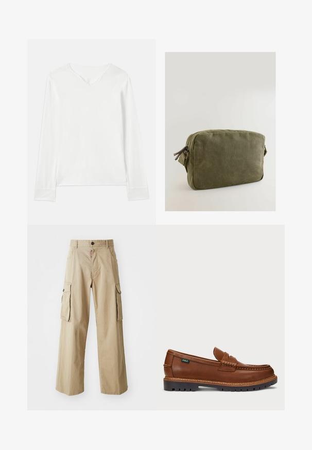 Witte long sleeve top met een V-hals, zachte textuur en zijinsneden. Heeft een eenvoudig ontwerp zonder versieringen of patronen.; Beige cargobroek van katoen, met een brede pijpdesign, twee grote zijzakken en een knoopsluiting bij de taille.; Bruine leren loafer met decoratieve stiksels en een gestructureerde neus. De zool heeft een robuust ontwerp, wat zorgt voor grip en duurzaamheid.; Olijfgroene canvas tas met een rechthoekige vorm, ritsluiting en leren accenten op de ritstrekker.