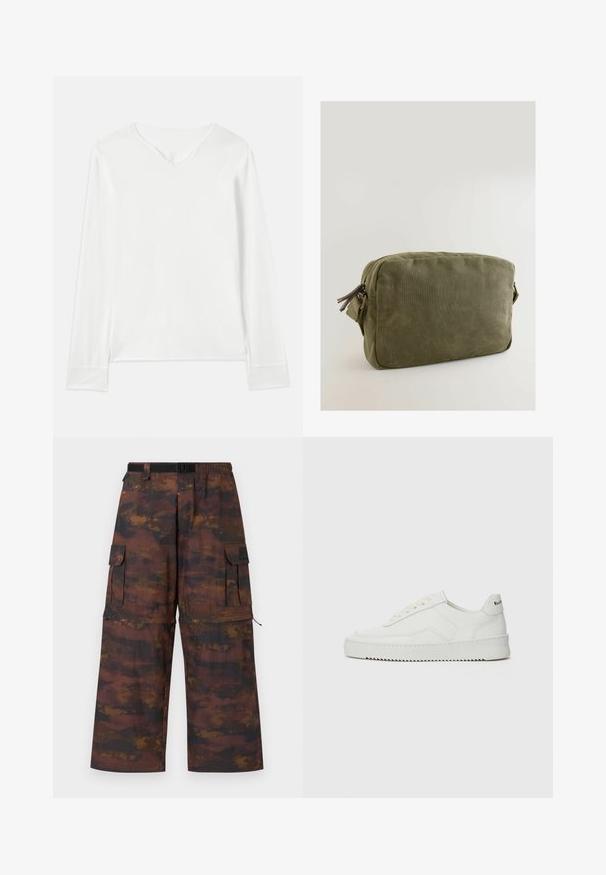 Hosszú ujjú fehér blúz V-nyakkal, lágy textúrával és oldalsó hasítékokkal. Egyszerű dizájn jellemzi, díszítések vagy minták nélkül.; Barnás, textúrájú anyagból készült cargo nadrág, elhalványult, absztrakt mintázattal. Széles szárral, rugalmas derékrésszel és több zsebbel rendelkezik.; Fehér bőr sportcipő sima felülettel, kerek orral, lapos fűzőkkel és texturált talppal. Finom logó található a sarokon.; Olíva zöld vászon táska téglalap alakú, cipzáros záródással és bőrkiegészítőkkel a cipzár húzón.