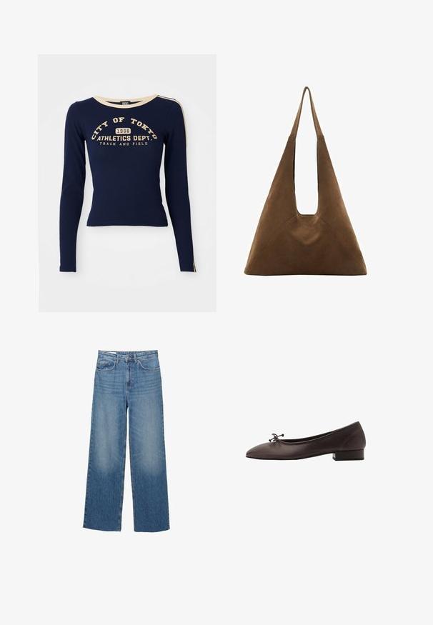 Cămașă cu mâneci lungi de culoare bleumarin, din bumbac, cu un guler crem. Print pe față: "ORAȘUL TOKYO 1968 DEPARTAMENTUL DE ATLETISM. ATRACȚIE ȘI CAMPIOANAT."; Jeans din denim de culoare albastru deschis, cu croială largă și talie înaltă, având două buzunare frontale și o estompare subtilă la coapse, prezentând un sistem standard de închidere cu buton și fermoar.; Balerini din piele maro, cu vârf rotund și toc mic pătrat. Prezintă o fundiță subțire în față și detalii de cusătură subtile.; Geantă de umăr din suede maro, cu un design triangular, curele de umăr lungi și un capac mare deschis cu un detaliu de mânere decupate.; Lănțișor de aur cu un pandantiv în formă de floare texturată. Lănțișorul este subțire și flexibil, completând designul floral.