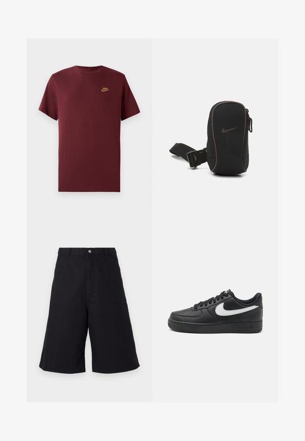 T-shirt Nike à manches courtes bordeaux avec logo Nike doré sur la poitrine gauche, design simple à col rond, affiché sur un fond blanc.; Shorts en coton noirs à coupe droite, avec poches devant, fermeture à bouton et une texture adaptée à un usage décontracté.; Baskets Nike Air Force 1 noires avec une tige en cuir lisse, accent de logo blanc, bout perforé et semelle en caoutchouc texturé.; Pochette noire Nike avec fermeture éclair, tissu texturé, accents marron et bandoulière détachable. Arbore un logo Nike bien en évidence à l'avant.