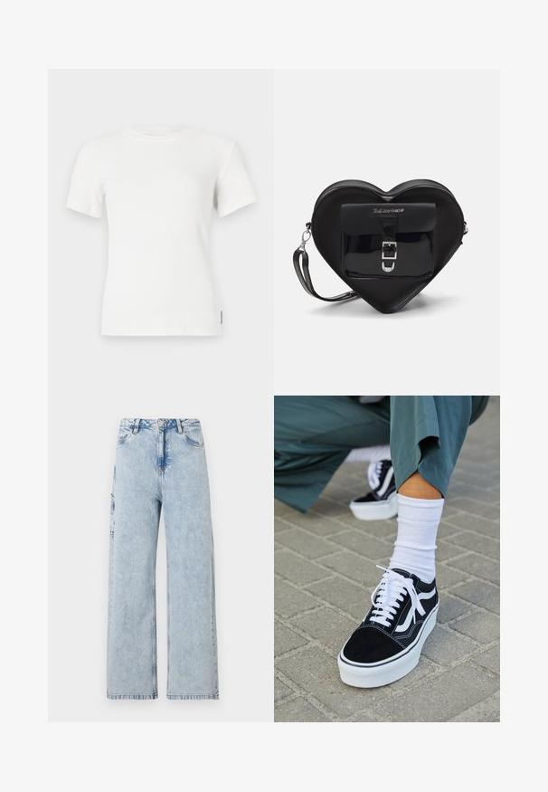 Valge ribadega lühikeste varrukatega T-särk ümmarguse kaelusega. Pehme tekstuur, kerenge kujundus ja minimaalsed õmblemise detailid.; Heledad sinised laiad püksid, mis on valmistatud denimist, omavad nupuvajutuse sulgemist, vööauke ning ees ja taga taskuid. Veidi kulunud tekstuur.; Mustjad sametist tennisjalanõud valgete aktsentide ja nööridega, millel on paks valge tald ja kontrastsed õmblused, koos valge sokiga.; Mustast südamekujulise kotiga, mis on valmistatud lakitud nahast. Ees on tasku, millel on klambri sulgemine ja eemaldatav rihm. Hõbedased detailid.