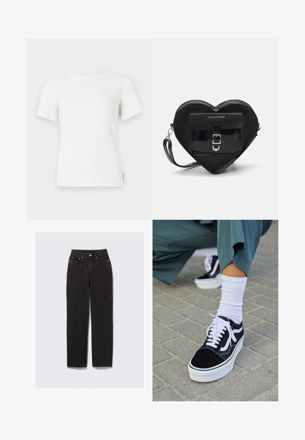 White ribbed short-sleeve t-shirt with a round neckline. Soft texture, fitted design, and minimal stitching details.; Black denim jeans with a high waist, straight leg, copper hardware accents, five-pocket design, and visible stitching details.; Black suede sneaker with white accents and laces, featuring a thick white sole and contrasting stitching, paired with a white sock.; Black heart-shaped bag made of patent leather with a front pocket featuring a buckle closure and a detachable strap. Silver hardware accents.