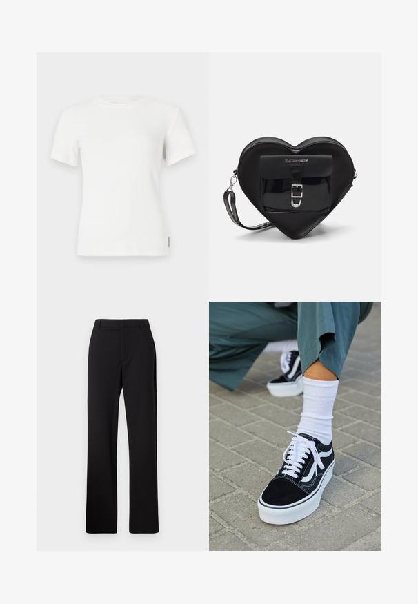 Balts ribu īsās piedurknes T-kreklā ar apaļu kaklu. Mīksta tekstūra, pieguļošs dizains un minimālas šuvju detaļas.; Melnas uzvalka bikses, taisna piegriezuma dizains, gluda auduma ar smalku tekstūru, ar standarta jostasvietu un bez redzamām kabatām.; Melni zamša sporta apavi ar baltiem akcentiem un šņorēm, ar biezu baltu zoli un kontrastējošu dūriena šuvēm, saskaņoti ar baltu parastu zeķi.; Melnas sirdshape formas somiņa, izgatavota no lakotas ādas, ar priekšējo kabatu, kurai ir sprādzes aizdare un noņemama siksna. Sudraba krāsas furnitūra.