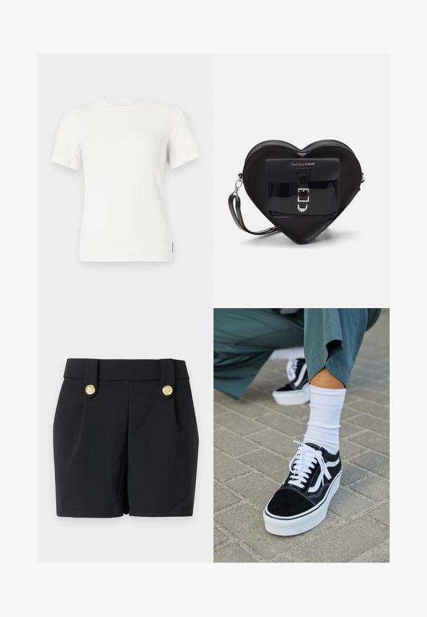 Weißes kurzärmliges T-Shirt mit geripptem Muster und rundem Ausschnitt. Weicher Stoff, taillierte Passform und minimale Nähdetails.; Schwarze Shorts mit einem maßgeschneiderten Design, ausgestattet mit dekorativen Knöpfen in Goldoptik und einer glatten Textur. Keine Taschen oder sichtbaren Nähte.; Schwarze Wildledersneaker mit weißen Akzenten und Schnürsenkeln, ausgestattet mit einer dicken weißen Sohle und kontrastierenden Nähten, kombiniert mit einer weißen Socke.; Schwarze, herzförmige Tasche aus Lackleder mit einer Vordertasche, die über einen Schnallenverschluss verfügt, sowie einem abnehmbaren Trageriemen. Silberne Hardware-Details.