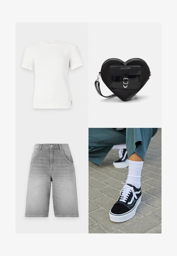 Camiseta blanca de manga corta con cuello redondo. Textura suave, diseño ajustado y detalles de costura mínimos.; Pantalones cortos de mezclilla gris con un corte recto, que cuentan con un cierre de botón y cremallera, dos bolsillos frontales y una textura desvanecida.; Zapatillas de ante negro con acentos y cordones blancos, que cuentan con una gruesa suela blanca y costuras en contraste, combinadas con un calcetín blanco.; Bolso negro con forma de corazón, hecho de cuero ecológico, con un bolsillo frontal que presenta un cierre de hebilla y una correa desmontable. Detalles en metal plateado.