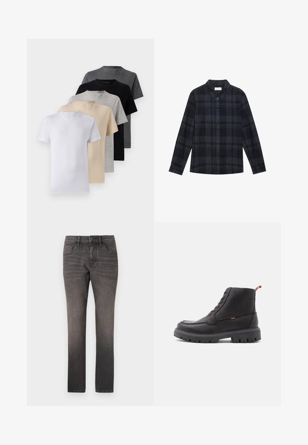 Viisi lyhythihaista t-paitaa valkoisena, beigeinä, vaaleanharmaana, tummanharmaana ja mustana. Valmistettu sileästä puuvillasta, jossa on pyöreä kaula-aukko.; Mustat ja harmaat ruudulliset flanellipaidat, joissa on napitettava etuosa, pitkät hihat ja klassinen kaulustyyli.; TOM TAILOR JOSH - Straight leg -farkut - used dark stone black denim; Ruske usnjene gležnjarje s okroglo konico, toniranim šivom, robustnim črnim gumijastim podplatom in oranžnim vzvodom na peti.