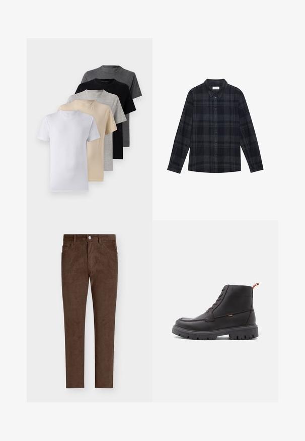 Set med fem kortärmade t-shirts i vitt, beige, ljusgrått, mörkgrått och svart. Tillverkade av mjuk bomull och med rund halsringning.; Svart och grå rutig skjorta i flanell, med knappstängning fram, långa ärmar och en klassisk kragsdesign.; Bruna kordflöjtsbyxor med rak skärning, som har en knappstängning, framfickor och vertikal ribbad textur genom hela byxorna.; Bruna läderankelstövlar med rund tå, ton-i-ton-sömmar, slitstark svart gummisula och orange dragflik vid hälen.