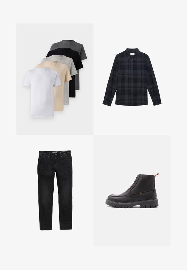 Viie lühikese varrukaga T-särgi komplekt, mis sisaldab valget, beeži, heletüüki, tumehallit ja musta. Valmistatud siledast puuvillast, ümmarguse kaela disainiga.; Mustri musta ja hall flanellist särk, mis on varustatud nööpide ja klassikalise kraega, pikad varrukad.; Mustad denimist valmistatud sirge lõikega teksad, millel on nupuga ja tõmblukuga sulgumine, viis taskut ja peene pesemise detail.; Pruunist nahast pahkluu saapad, ümarate varvastega, ühtlase õmblusega, robustse musta kummitallaga ning oranži tõmbepaela ehk silmusegaga kannal.