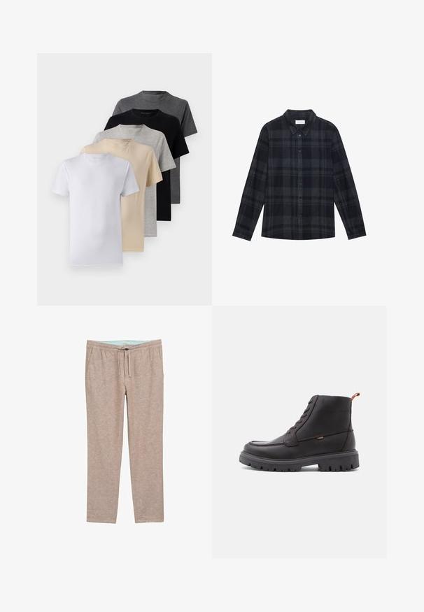 Penki trumpomis rankovėmis marškiniai, baltos, smėlio, šviesiai pilkos, tamsiai pilkos ir juodos spalvų. Pagaminti iš švelnaus medvilnės, suapvalinto kaklo dizainu.; Juoda ir pilka languota marškinė, pagaminti iš flanelio, su sagčių uždangalu, ilgais rankovėmis ir klasikinio tipo apykakle.; Šviesiai rudos spalvos, minkštos tekstūros kelnės su laisvu siluetu, turinčios elastinę juosmenį ir raištelį pritaikomam patogumui.; Rudos odiniai aulinukai iki kulkšnies, su apvalia nosimi, toninėmis siūlėmis, kietu juodu guminio pado ir oranžine kilpa kulne.