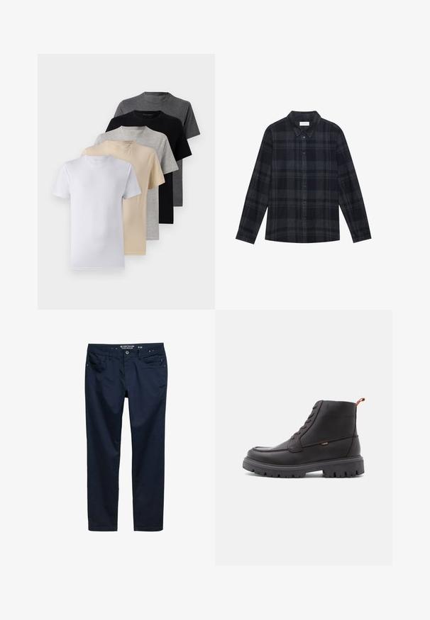 Set van vijf T-shirts met korte mouwen in wit, beige, lichtgrijs, donkergrijs en zwart. Gemaakt van gladde katoen en voorzien van een ronde hals.; Zwart en grijs geruite flanellen shirt met een knoopsluiting aan de voorkant, lange mouwen en een klassiek kraagontwerp.; Marineblauwe broek van gladde katoenstof, met een regular fit, vijf zakken en een rits met knoopsluiting.; Bruine leren enkellaarzen met ronde neus, ton-sur-ton stiksels, robuuste zwarte rubberen zool en een oranje trekband aan de hiel.