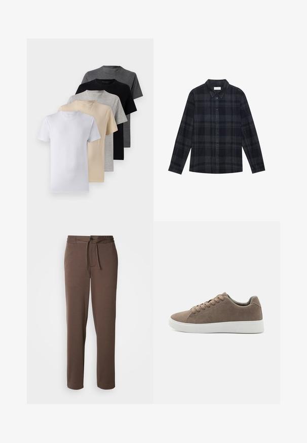 Set od pet majica s kratkim rukavima u bijeloj, bež, svijetlo sivoj, tamno sivoj i crnoj boji. Izrađene su od glatkog pamuka, s dizajnom okruglog izreza.; Crna i siva karirana košulja od flanela, s prednjim dugmadi, dugim rukavima i klasičnim dizajnom ovratnika.; Smeđe trenirke izrađene od mekog materijala, s pojasom na vezanje, kopčanjem na dugme i ravnim nogavicama bez vidljivih uzoraka ili akcenata.; Smeđe ante cipele s ravnim bijelim gumennim potplatima, dizajnom s vezicama, zaobljenim vrhom i glatkom teksturom. Minimalistički stil s suptilnim detaljima šivanja.