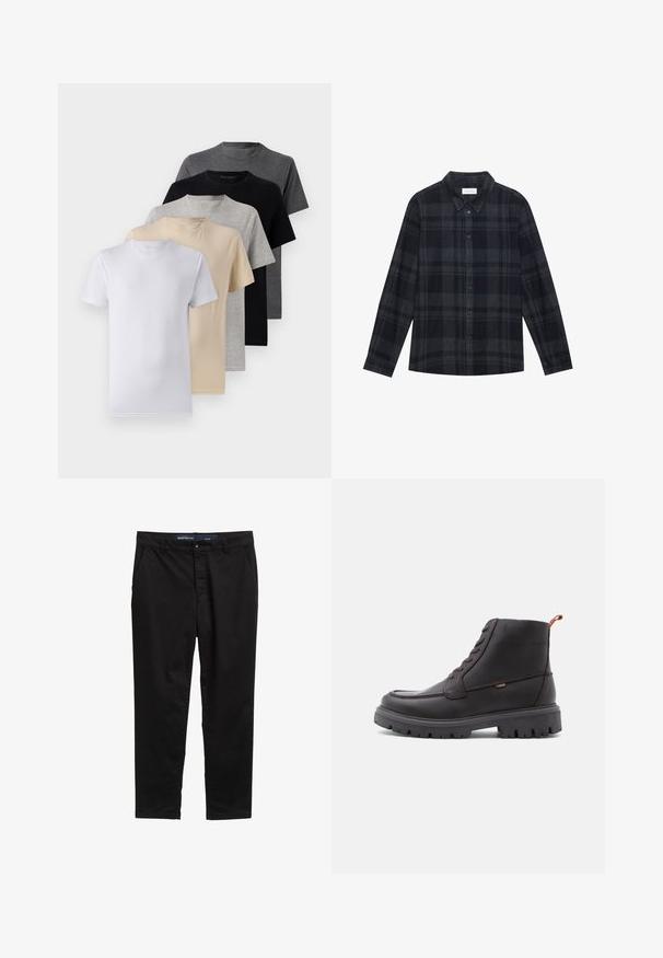 Set van vijf T-shirts met korte mouwen in wit, beige, lichtgrijs, donkergrijs en zwart. Gemaakt van gladde katoen en voorzien van een ronde hals.; Zwart en grijs geruite flanellen shirt met een knoopsluiting aan de voorkant, lange mouwen en een klassiek kraagontwerp.; Zwarte chino's gemaakt van een katoenmix. Heeft een rechte pijpdesign, twee zijzakken en een metalen knoopsluiting in de taille.; Bruine leren enkellaarzen met ronde neus, ton-sur-ton stiksels, robuuste zwarte rubberen zool en een oranje trekband aan de hiel.