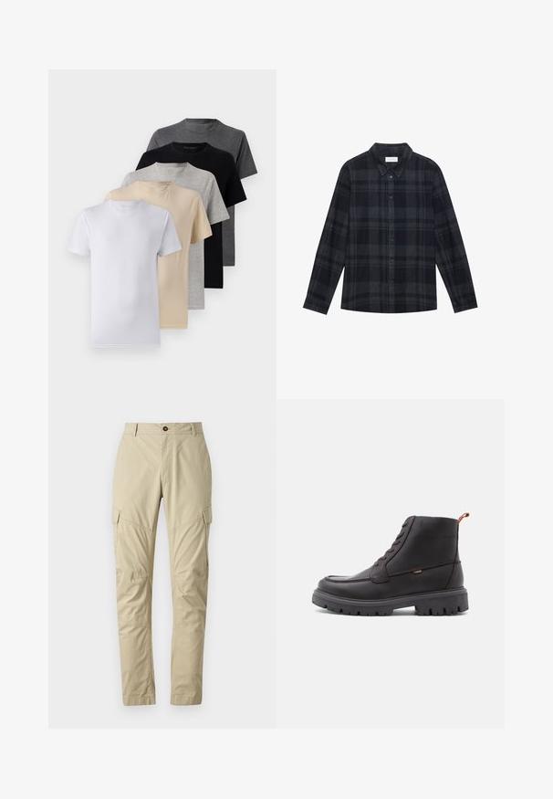 Set van vijf T-shirts met korte mouwen in wit, beige, lichtgrijs, donkergrijs en zwart. Gemaakt van gladde katoen en voorzien van een ronde hals.; Zwart en grijs geruite flanellen shirt met een knoopsluiting aan de voorkant, lange mouwen en een klassiek kraagontwerp.; Beige cargobroeken van lichtgewicht stof, met meerdere zakken, een knoopsluiting en een taps toelopende pijpdesign. Soepele textuur.; Bruine leren enkellaarzen met ronde neus, ton-sur-ton stiksels, robuuste zwarte rubberen zool en een oranje trekband aan de hiel.