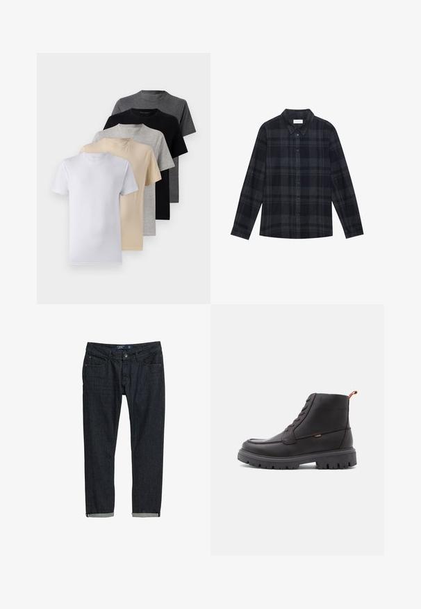 Zestaw pięciu t-shirtów z krótkim rękawem w kolorach białym, beżowym, jasnoszarym, ciemnoszarym i czarnym. Wykonane z gładkiej bawełny, z klasycznym dekoltem.; Czarna i szara koszula w kratę z flaneli, z zapinanym przodem na guziki, długimi rękawami oraz klasycznym kołnierzykiem.; Ciemnoniebieskie dżinsy o slim fit, z podwiniętymi mankietami, klasycznym pięciopocketowym designem i zapięciem na guzik, na białym tle.; Brązowe skórzane botki za kostkę z okrągłym noskiem, tonowym przeszyciem, solidną czarną gumową podeszwą oraz pomarańczową pętelką na pięcie.