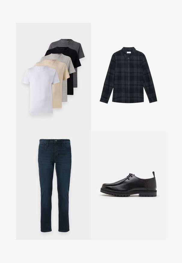 Conjunto de cinco t-shirts de manga curta nas cores branco, bege, cinza claro, cinza escuro e preto. Feitas de algodão suave, com design de gola redonda.; Camisa xadrez preta e cinza feita de flanela, com frente abotoada, mangas longas e um design de colarinho clássico.; Jeans de denim azul-escuro com corte straight-leg, apresentando cinco bolsos, fecho de botão e desbotamento sutil na parte da frente.; Shoe preto de couro com atacadores, equipado com uma sola robusta e puxador no calcanhar, apresentado de lado sobre um fundo branco.