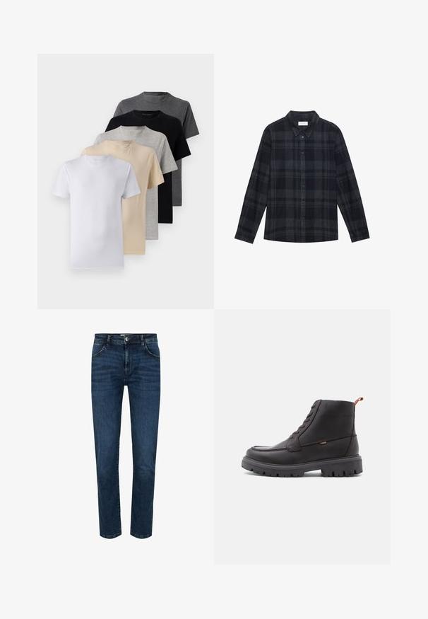 Set de cinci tricouri cu mânecă scurtă în alb, bej, gri deschis, gri închis și negru. Fabricate din bumbac fin, cu un design de gât rotund.; Cămașă în carouri negre și gri, fabricată din flanela, cu un sistem de închidere cu nasturi, mâneci lungi și un guler clasic.; Jeans din denim albastru închis, cu croială dreaptă, design cu cinci buzunare și închidere cu nasture. Cusături întărite pe margini și un ușor efect de decolorare.; Bocanci din piele maro, până la gleznă, cu vârf rotund, cusături tonale, talpă robustă din cauciuc negru și o buclă portocalie la călcâi.