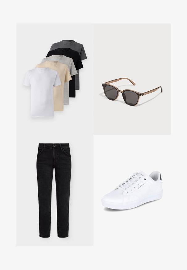 Set aus fünf Kurzarm-T-Shirts in Weiß, Beige, Hellgrau, Dunkelgrau und Schwarz. Hergestellt aus glattem Baumwollmaterial, mit Rundhalsausschnitt.; Braunes Wollhemd mit Knopfleiste, spitzem Kragen, zwei Brusttaschen und schwarzen Knöpfen. Glatte Textur mit lockerer Passform.; Schwarze Jeans aus Denim mit normaler Passform, ausgestattet mit einem Reißverschluss, Knopfverschluss und fünf Taschen. Glatte Textur und klassisches Design.; Weiße Sneakers aus glattem Synthetikmaterial, niedriges Design, runde Zehenform, sechs Ösen, Logoprägung an der Seite, kontrastierender dunkler Fersenakzent.; Braune Kunststoffsonnenbrille mit dunklen Gläsern, runder Form und verjüngten Bügeln. Auffällige Verzierungen an den Schläfen.; Schwarze Duffeltasche mit dicken Griffen und einem abnehmbaren Schultergurt. Hergestellt aus glattem Material, ausgestattet mit einem Reißverschluss und einem minimalistischen Design.